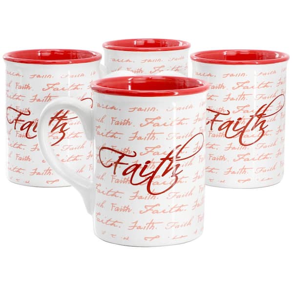 Gibson Home Inspirational Words Faith 4-Piece 16 oz. Stoneware Mug Set in Red