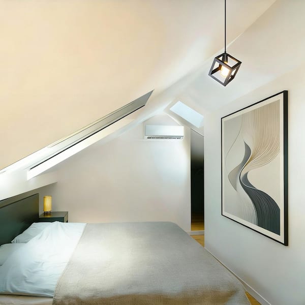 Modern Industrial Matte Black Square Pendant 1-Light Minimalist Chandelier Flush Mount for Kitchen Island LED Compatible