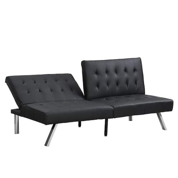 66.9 in. Black Faux Leather Sofa Bed with armrest and holders Convertible Sofa Bed Futon Set