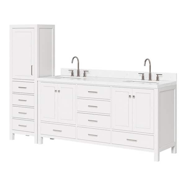 Cambridge 72 in. Double Sink Bath Vanity with Carrara White Quartz Top and Linen Cabinet in White