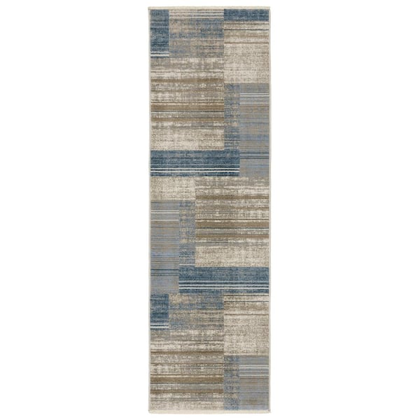 Brooker Blue/Beige 2 ft. x 8 ft. Distressed Geometric Stripe Recycled PET Yarn Indoor Runner Area Rug