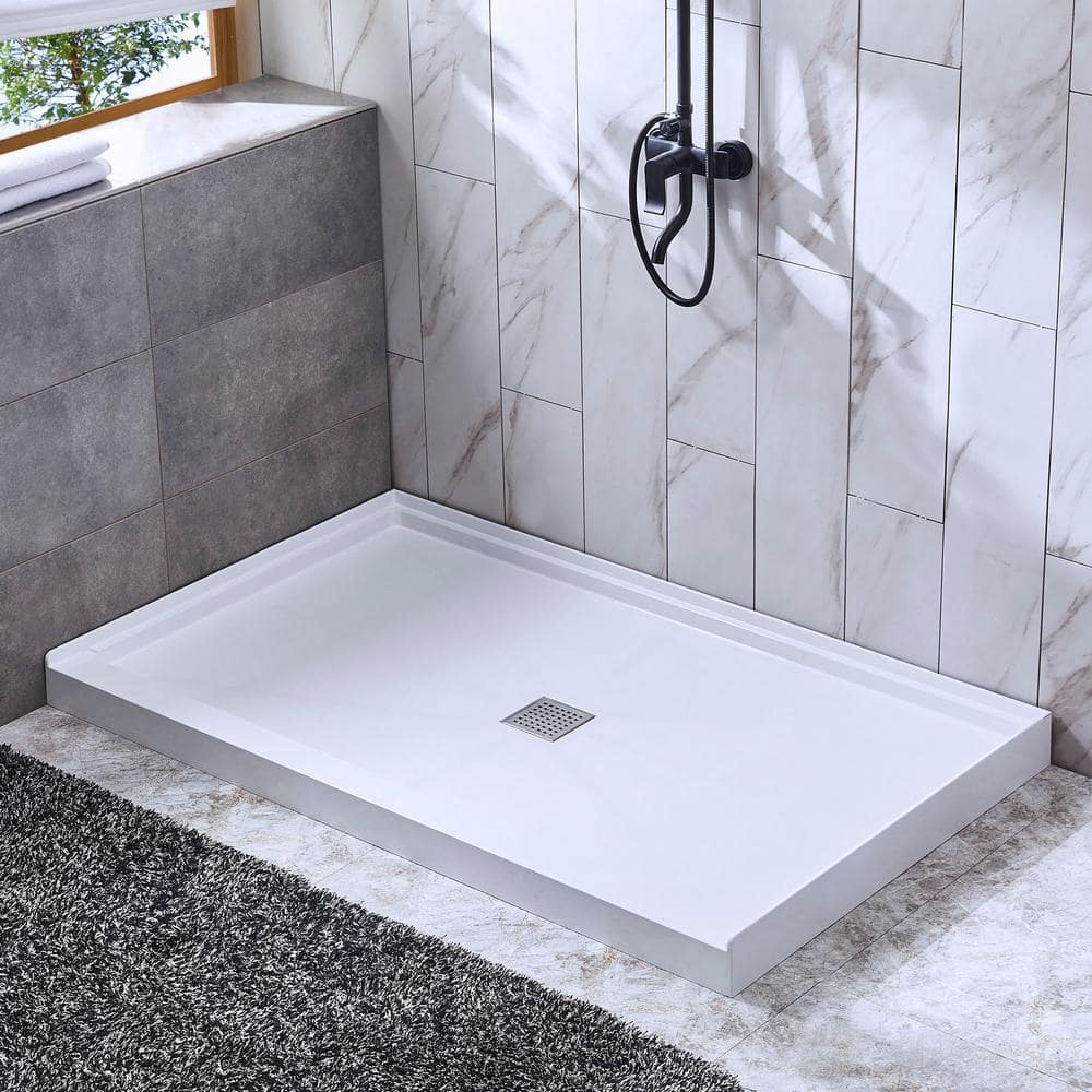 48" White Rectangular Shower Pan with Brushed Nickel Drain Cover