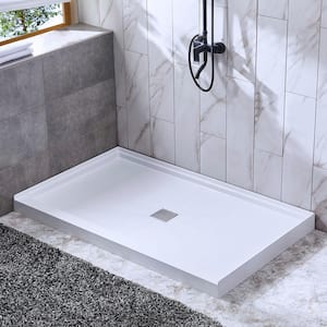 Cedaridge 48 in. x 36 in. Solid Surface Single Threshold Center Drain Shower Pan with Slip Resistant Surface in White