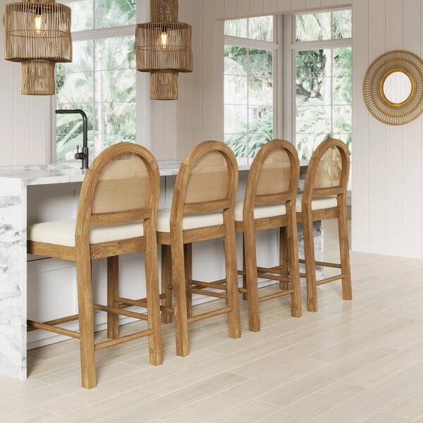 Bailey 24 in. Upholstered Boucle Rattan and Wood Counter Height Bar Stool w/ Woven Back, Cream Boucle/Brown, Set of 4