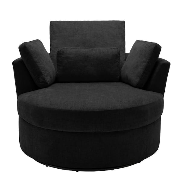Uixe Black Chenille Upholstered 360° Swivel Accent Barrel Chair(Set of 1)