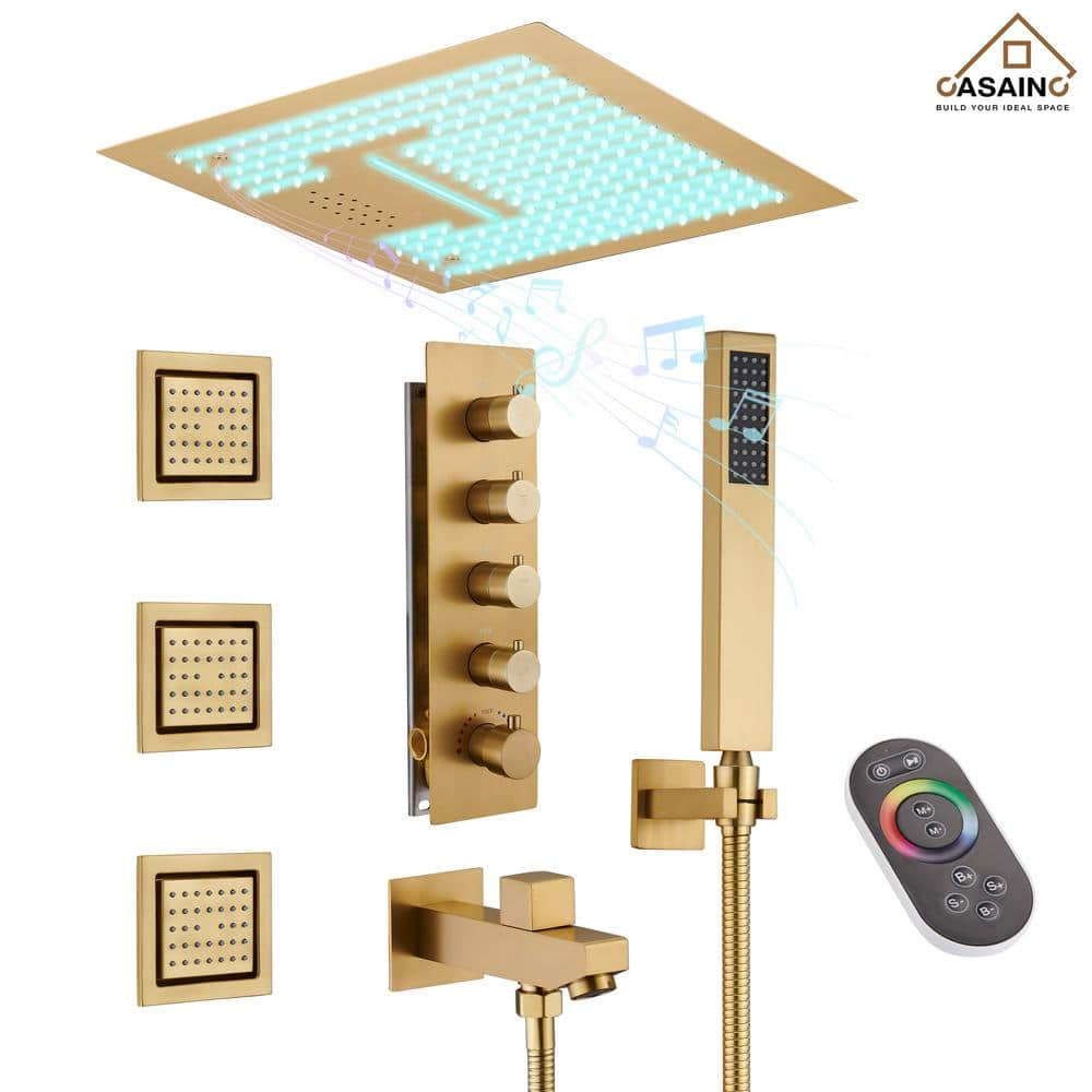 CASAINC LED Music 4-Spray Patterns Thermostatic 16 in. Ceiling Mount Rain Dual Shower Heads with 1.8 GPM 3-Jet in Brushed Gold