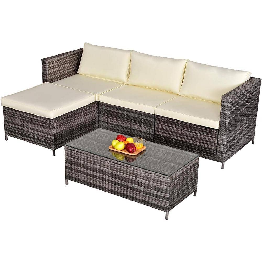 5-Piece Wicker Patio Conversation Set Outdoor Sectional Sofa Set with Beige