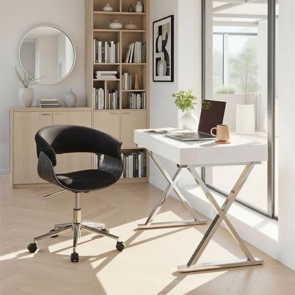 Vintage Mod Velvet Adjustable Height Office Chair in Black Velvet, Black Wood, and Chrome Metal with 5-Star Caster Base