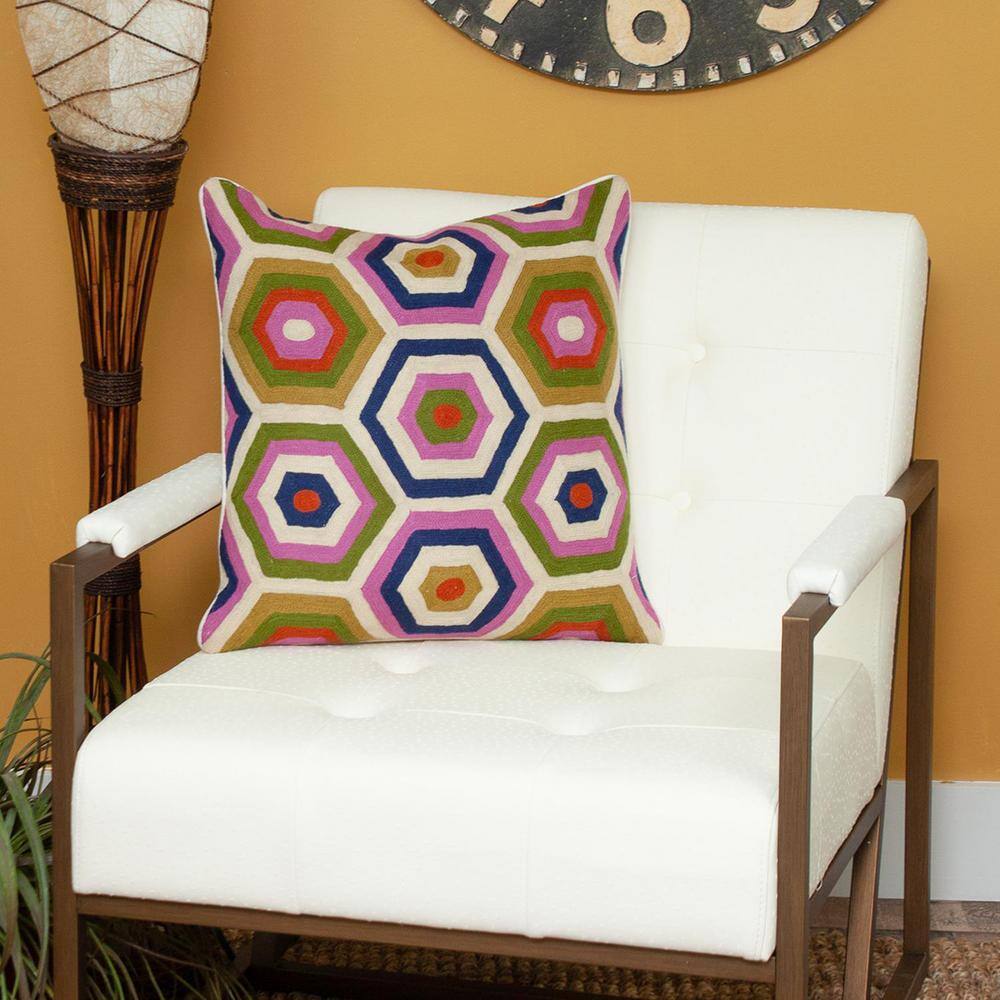 20" Multicolor Geometric Embroidered Cotton Throw Pillow