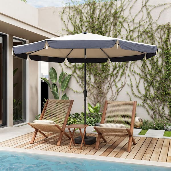 10 ft. Beach Umbrella with Fringe, Large Outdoor Patio Umbrella for Poolside, Deck, Garden in White and Navy Blue