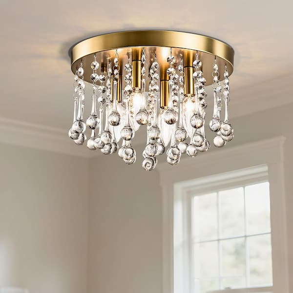 Sonoma 11.8 in. 4-Light Brushed Brass Crystal Modern Flush Mount Lighting Bedroom Ceiling Lights Fixtures