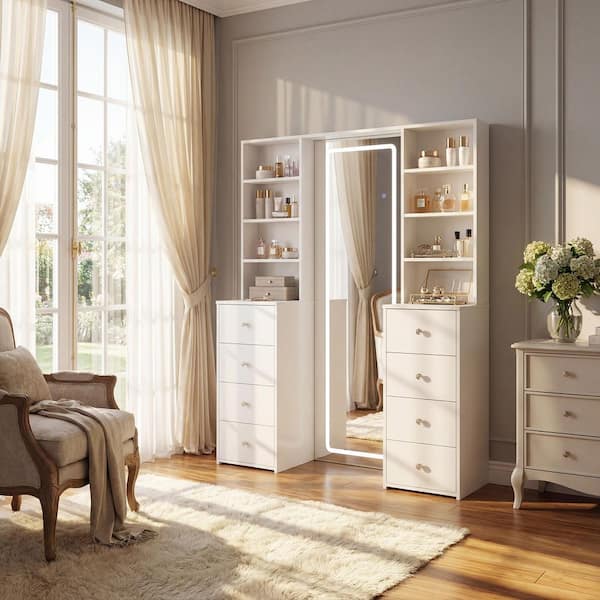 1-Piece White Makeup Vanity with 8-Open Shelves, 8 Drawers & Lighted Dressing Mirror