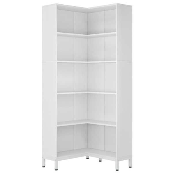 BYBLIGHT Eulas 70.9 in. Tall White Wood 5-Shelf Corner Bookcase, 5-Tier L-Shaped Display Shelves for Living Room