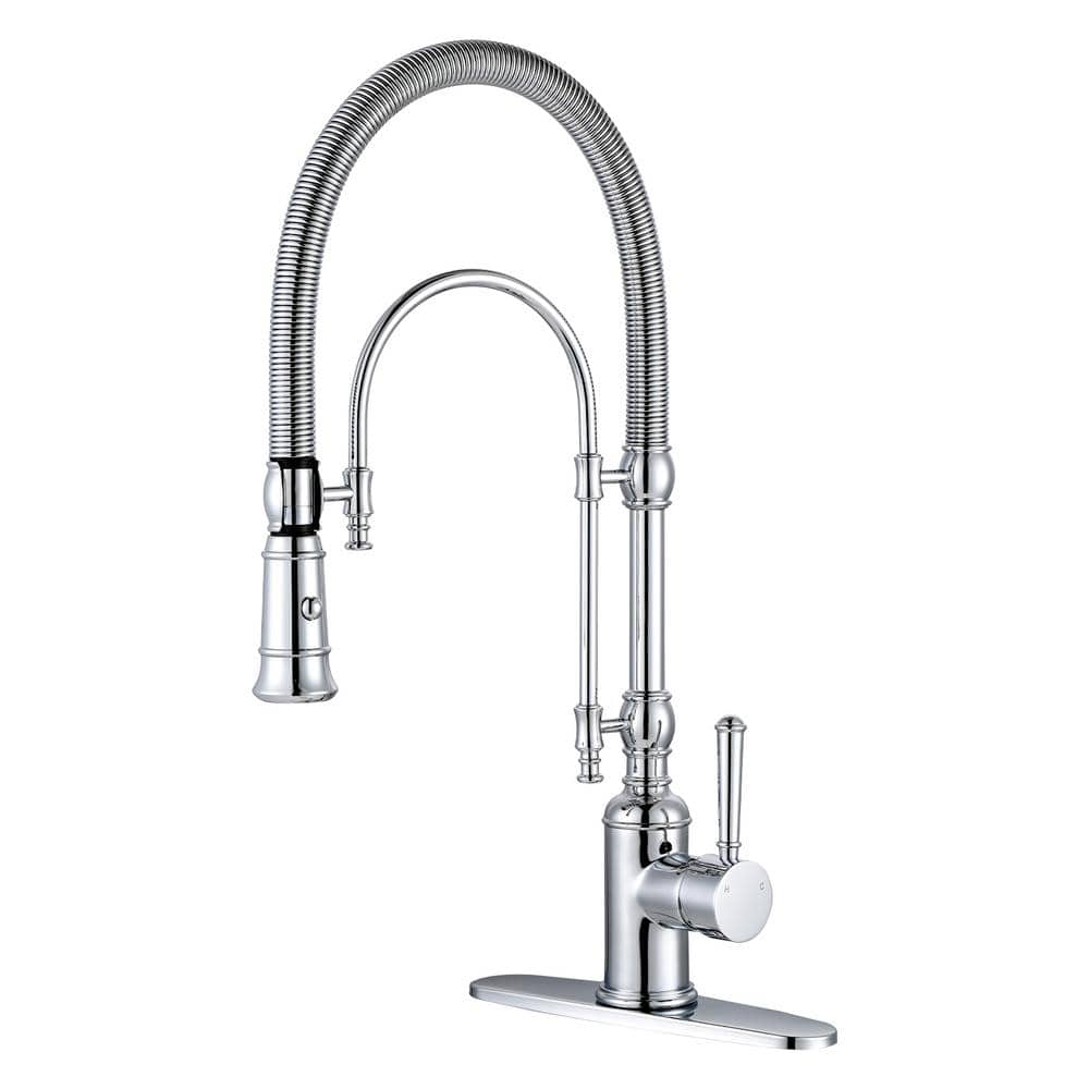 Single Handle Deck Mount Gooseneck Pull Down Sprayer Kitchen Faucet in Polished Chrome -  WOWOW, KB122009C-BHHD