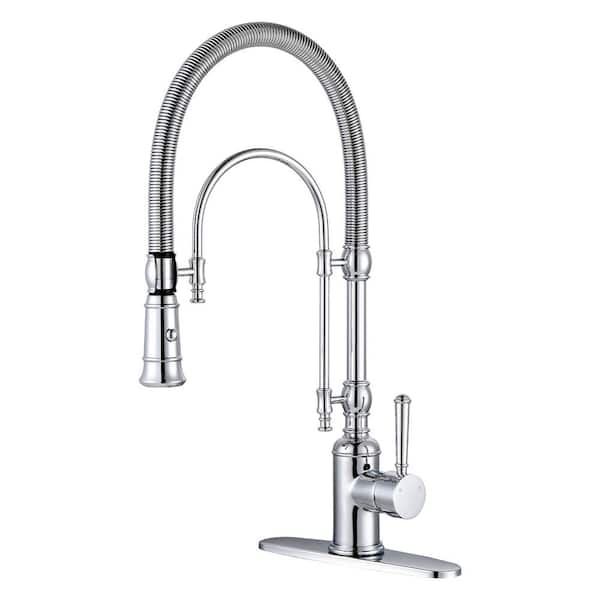 WOWOW Single Handle Deck Mount Gooseneck Pull Down Sprayer Kitchen Faucet in Polished Chrome