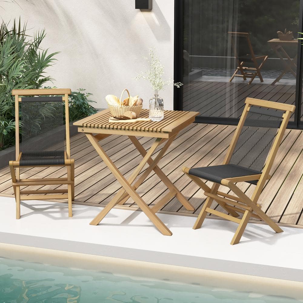 Natural Teak and Black Woven Rope Folding Patio Chairs, Set of 2