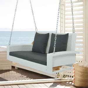 2-Person 500 lbs. White Rattan Wicker Steel Patio Hanging Backyard Garden Chained Porch Swing with Gray Cushion