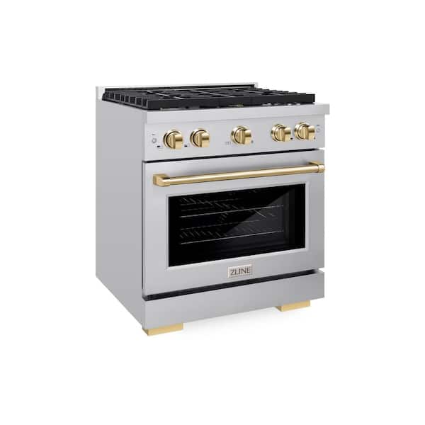 ZLINE Kitchen and Bath Autograph Edition 30 in. 4-Burner Freestanding Gas Range and Convection Oven in Stainless Steel and Polished Gold