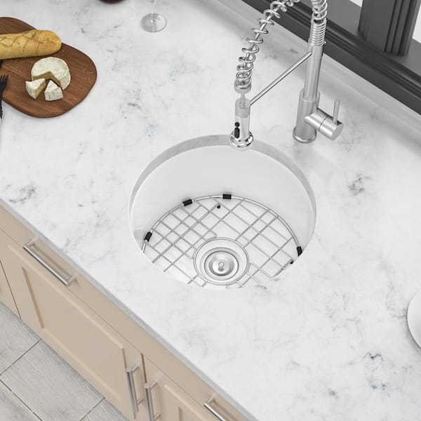 18 in. Undermount Single Bowl White Ceramic Kitchen Sink with Dish Grid and Basket Strainer