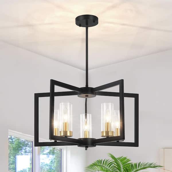 5-Light Black and Gold Modern Industrial Chandelier Farmhouse Candle-Style Geometric Rectangle Pendant Light