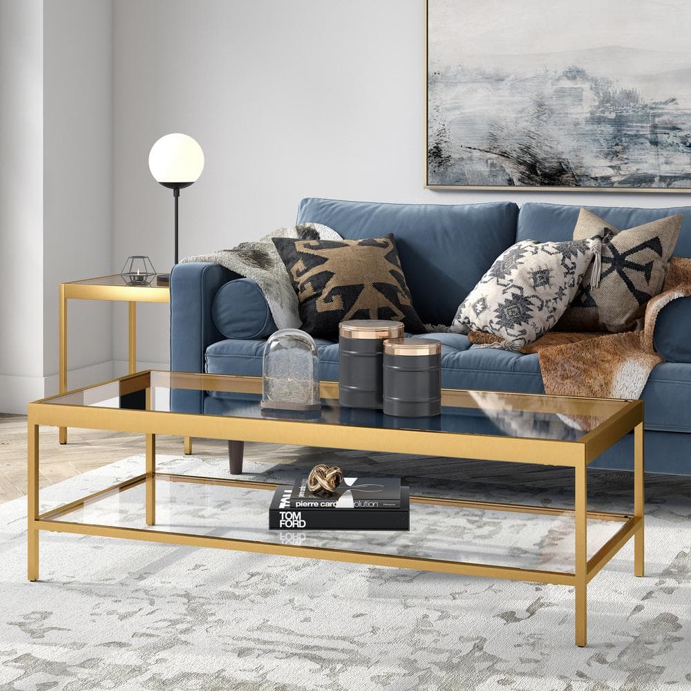 Modern Rectangular Metal & Glass Coffee Table with Shelf - Brass Finish