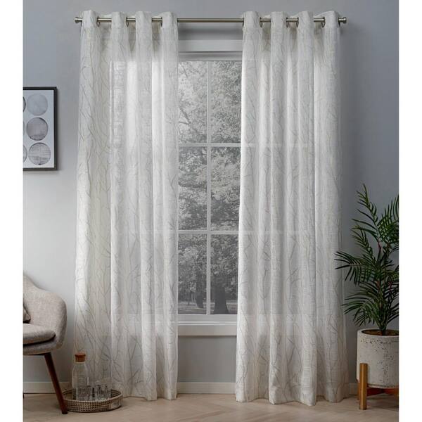 Unbranded Winter White, Gold Floral Faux Linen Grommet Sheer Curtain - 54 in. W x 84 in. L (Set of 2)