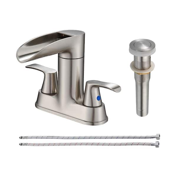 Heemli Rotatable 4 in. Centerset Double Bathroom Faucet with Drain kit Included Waterfall Lavatory in Brushed Nickel
