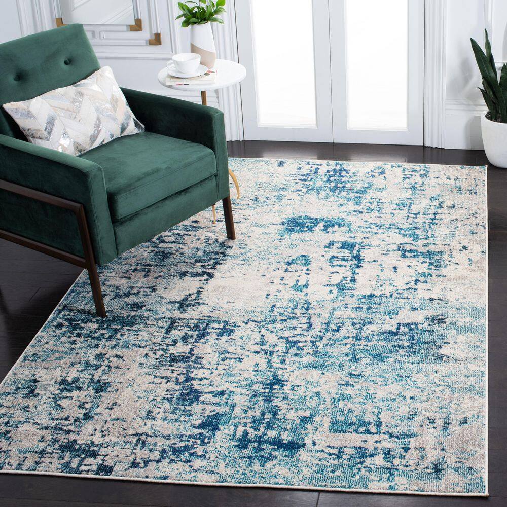 Ivory and Turquoise Square Abstract Synthetic Area Rug
