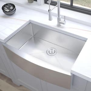 33 in. Farmhouse Single Bowl 18-Gauge Brushed Chrome Stainless Steel Kitchen Sink with Bottom Grids