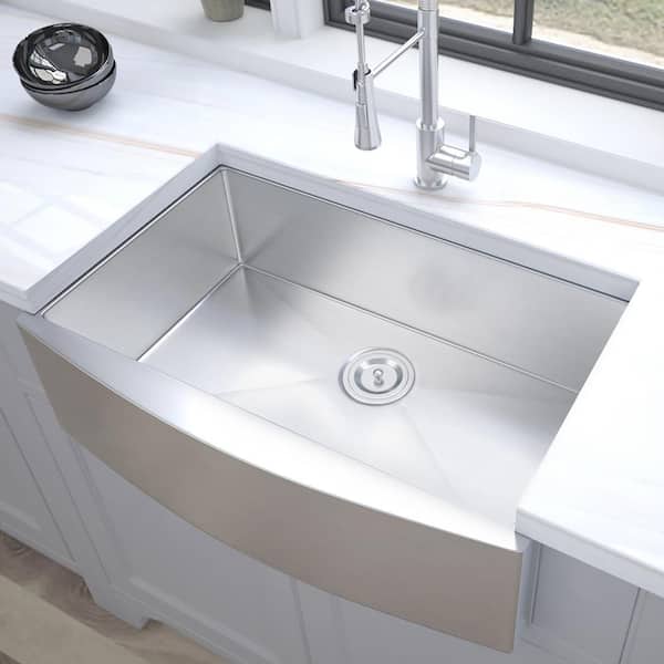 Staykiwi 33 in. Farmhouse Single Bowl 18-Gauge Brushed Chrome Stainless Steel Kitchen Sink with Bottom Grids