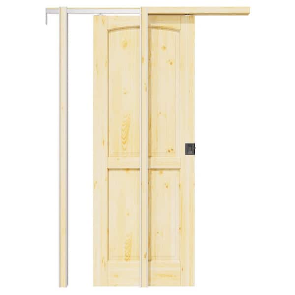 ARK DESIGN 32 in. x 80 in. Arch 2-Panel Unfinished Pine Wood Sliding Pocket Door with Hardware (Soft Close and Black Lock Incl)
