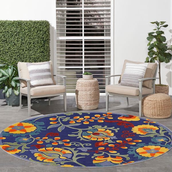 Aloha Navy Multicolor 5 ft. x 5 ft. Floral Contemporary Round Indoor/Outdoor Area Rug