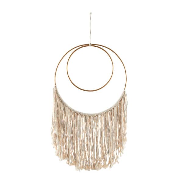 Litton Lane 26 in. x 14 in. Cotton Cream Handmade Intricately Weaved Macrame Wall Decor with Beaded Fringe Tassels
