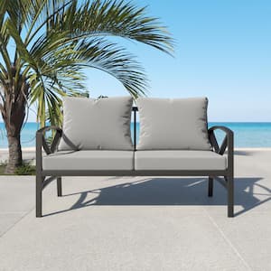 54.72 in. Black Metal Outdoor Loveseat with Gray Cushions, All-Weather Steel Outdoor 2-Seats Sofa Couch