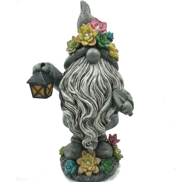 HunnyKome Solar Lighting 1-Light 13 in. Integrated LED Solar Powered Bearded Gnome with Succulents