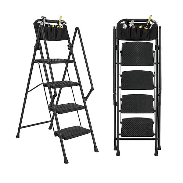 4-Step Steel Folding Step Stool Ladder with Removable Tool Bag, Black