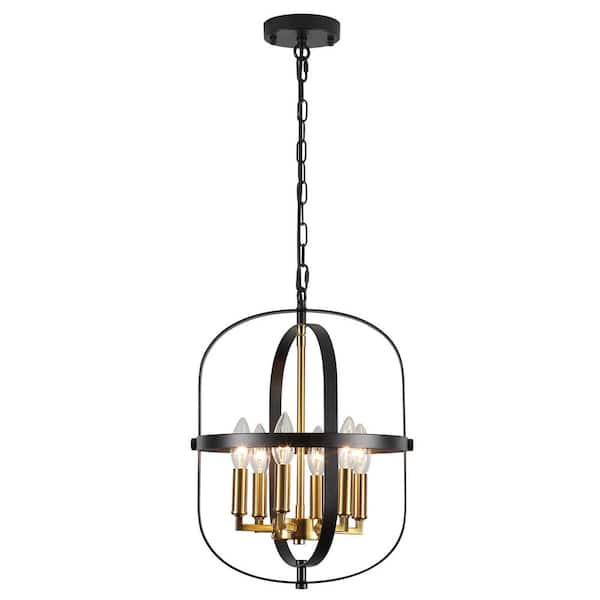 6-Light Black and Brass Farmhouse Oval Candlestick Pendant Light Height Adjustable Chandelier for Living Room