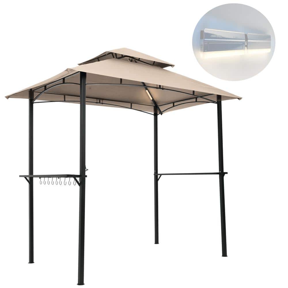 Khaki Lighted 8 ft. x 5 ft. Outdoor Barbecue Pavilion with Double Soft Roof