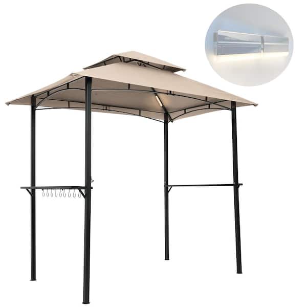 Unbranded Khaki Lighted 8 ft. x 5 ft. Outdoor Barbecue Pavilion with Double Soft Roof Canopy And Steel Frame