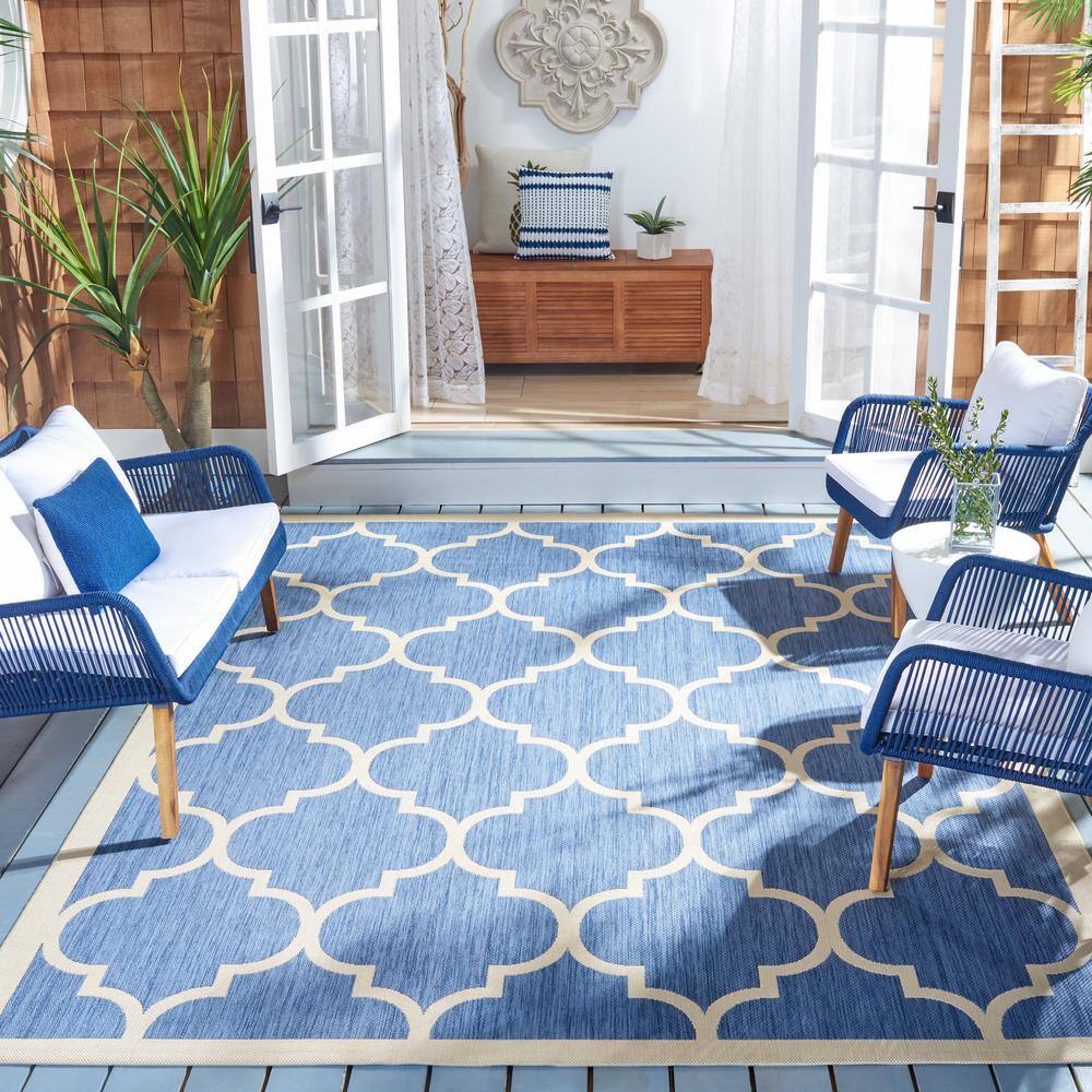 Navy and Beige Square Synthetic Outdoor Area Rug