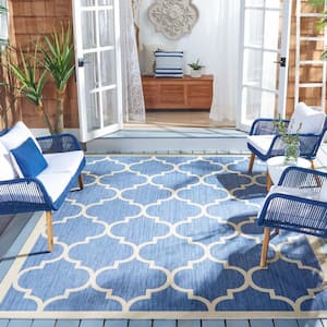 Courtyard Blue/Beige 7 ft. x 7 ft. Moroccan Geometric Indoor/Outdoor Patio  Square Area Rug