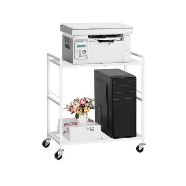 Ahfiwaso 2 Tier Metal Rolling Computer Tower Stand Mobile Printer Cart with Storage Under Desk for Home Office White