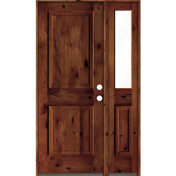 Krosswood Doors 46 in. x 80 in. knotty alder Left-Hand/Inswing Clear Glass Red Chestnut Stain Square Top Wood Prehung Front Door w/RHSL