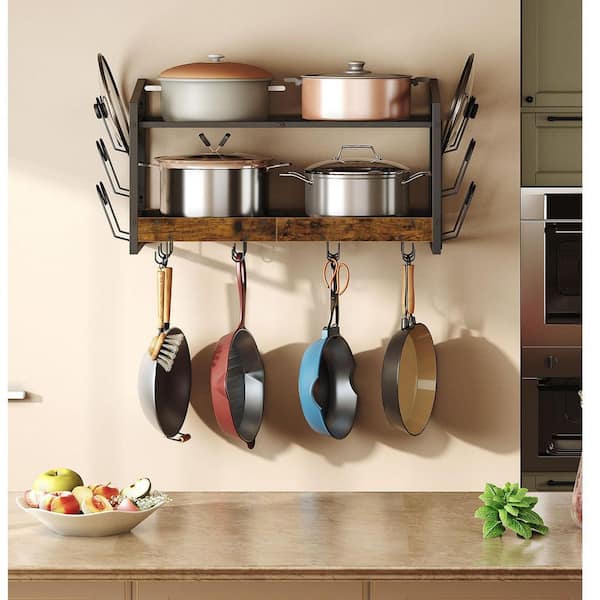 2-Tier Rustic Brown and Black Wall Mounted Pot Rack with 12-Hooks, Hanging Pot Rack, Kitchen Pot and Lid Organizer
