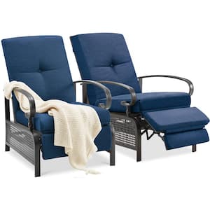 Black Reclining Metal Outdoor Lounge Chair with Navy Blue Cushions (2-Pack)