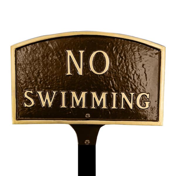 Montague Metal Products 5.5 in. x 9 in. Small Arch No Swimming Statement Plaque Sign with Lawn Stake - Oil Rubbed/Gold