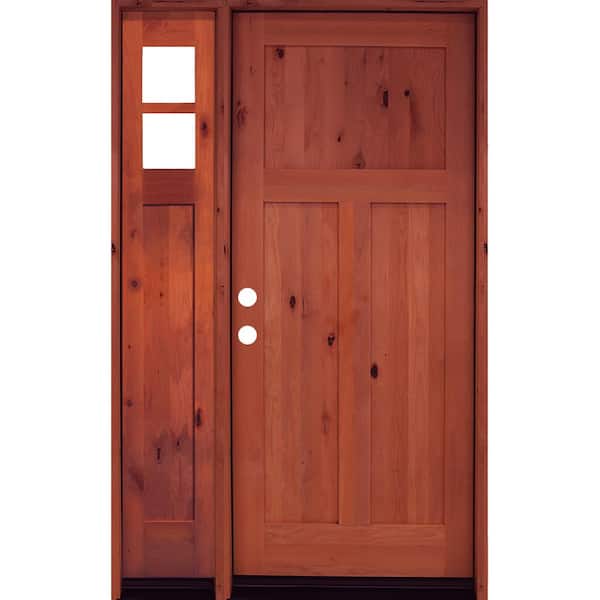 Krosswood Doors 46 in. x 80 in. Alder 3 Panel Right-Hand/Inswing Clear Glass Red Chestnut Stain Wood Prehung Front Door w/Left Sidelite