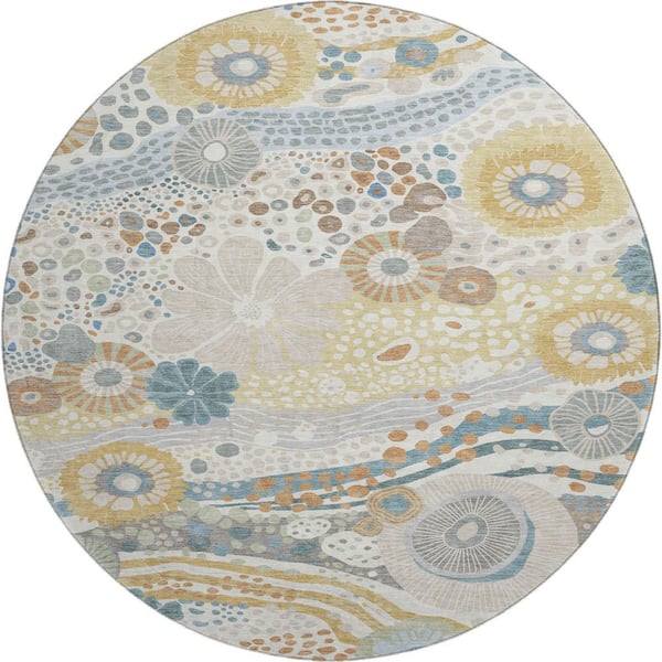 Mayfield Premium Machine Washable Abstract AMF2498 Ivory 8 ft. x 8 ft. Round Rug