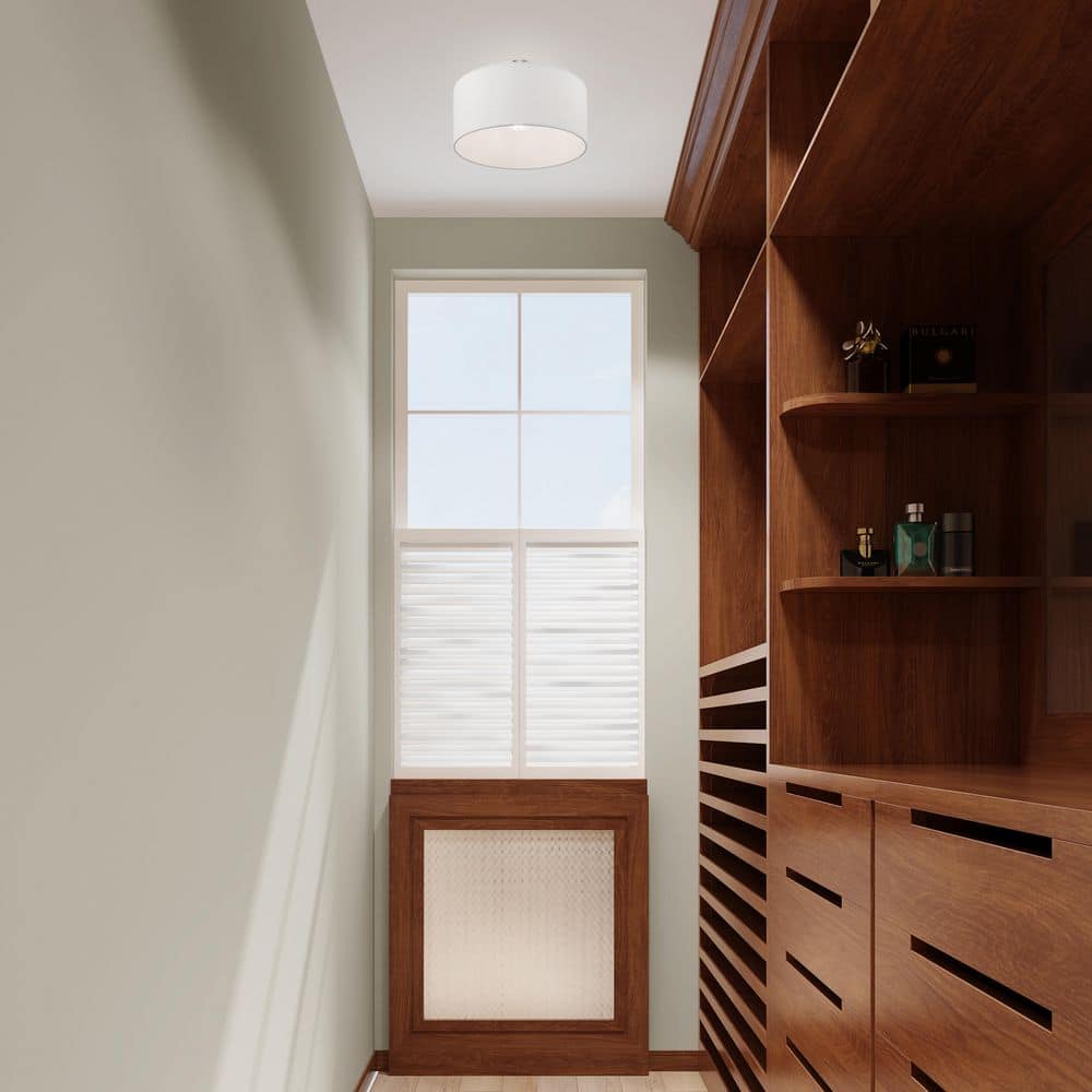 Modern Brushed Nickel Indoor/Outdoor Drum Ceiling Light with Off-White Shade