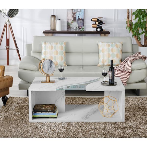 Dulcet 47 in. Marble White Rectangle Glass Top Coffee Table with Shelf